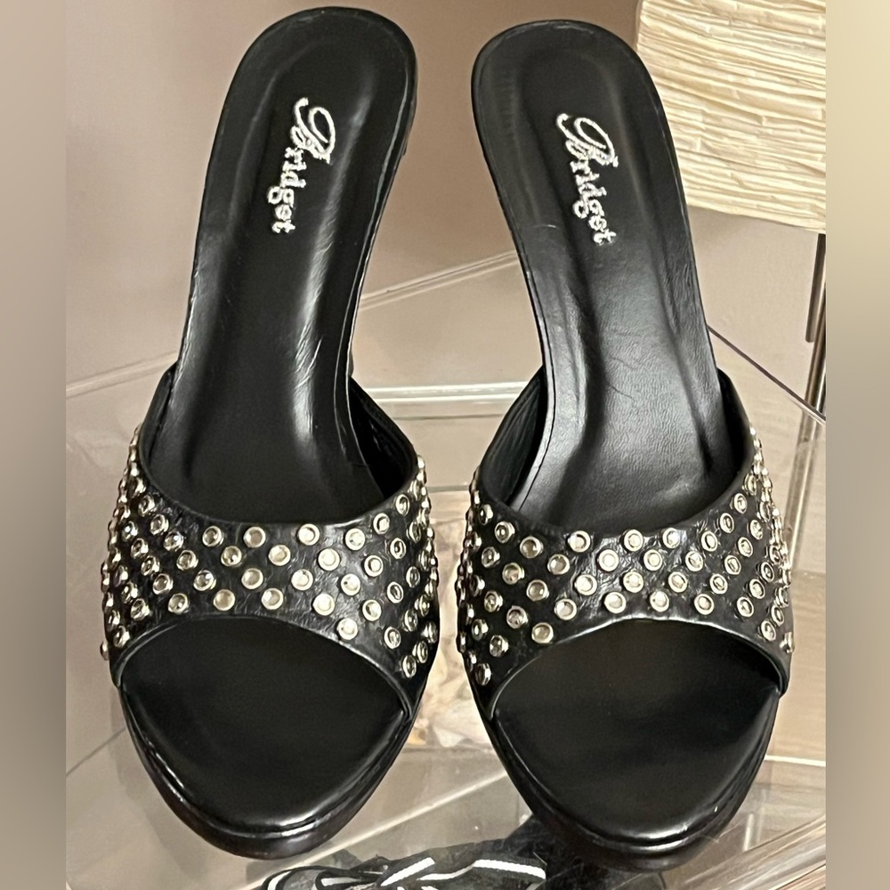 Bridget Black Leather High Heel Sandal Slides with Crystals Size 9